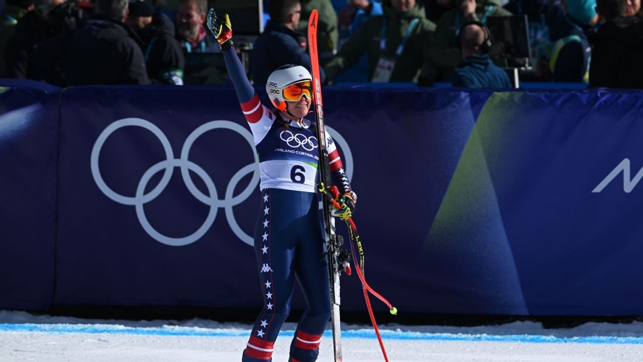 Breezy Johnson wins Olympic downhill in race marred by Vonn crash